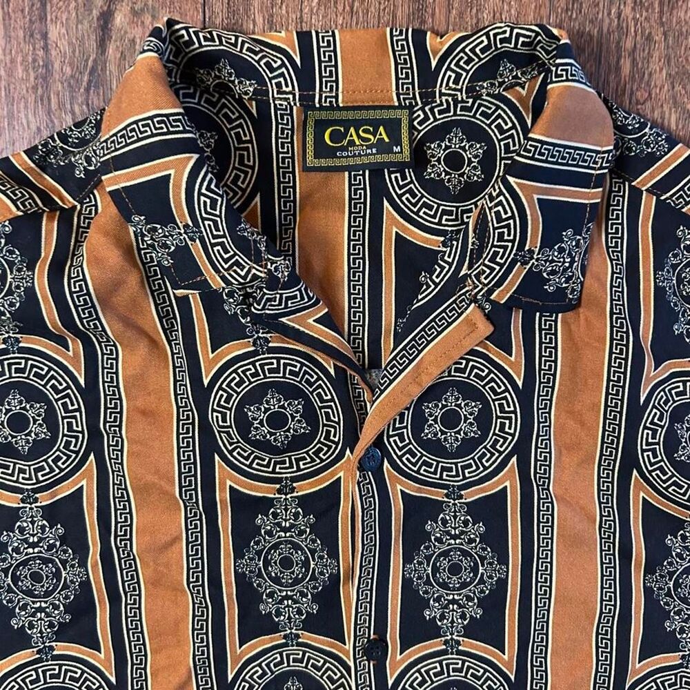 Mens M Casa Moda Couture Shirt Baroque Greek Key Medallion Rayon Button Up
